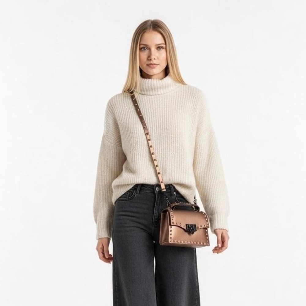 Rose Gold Studded Crossbody Jelly Bag Metallic Top Handle Satchel Chain Strap